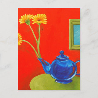 Blue Teapot und Daisies Postkarte
