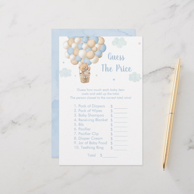 Blue Teddy Balloons Guess The Price Shower Game (Vorderseite/Rückseite Beispiel)