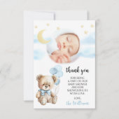 Blue Teddy Bären Ballon Baby Dusche Foto Dankeskarte (Vorderseite)