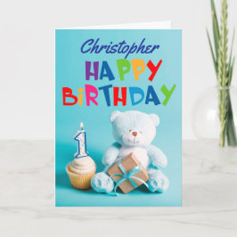 Blue Teddy Bear 1. Geburtstag Karte
