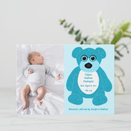 Blue Teddy Bear Baby Boy Birth Annoucement Invitat Einladung (Stehend Vorderseite)