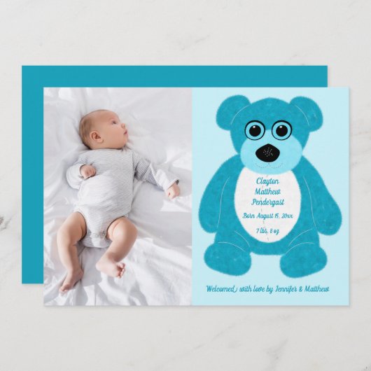 Blue Teddy Bear Baby Boy Birth Annoucement Invitat Einladung (Vorne/Hinten)