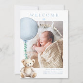 Blue Teddy Bear Baby Boy Foto Geburtserklärung Einladung (Vorderseite)