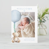 Blue Teddy Bear Baby Boy Foto Geburtserklärung Einladung (Stehend Vorderseite)