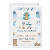Blue Teddy Bear Baby Boy Shower Invitation