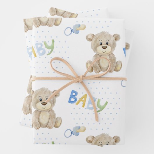 Blue Teddy Bear Baby Boy Watercolor Babydusche Geschenkpapier Set (Beispiel)