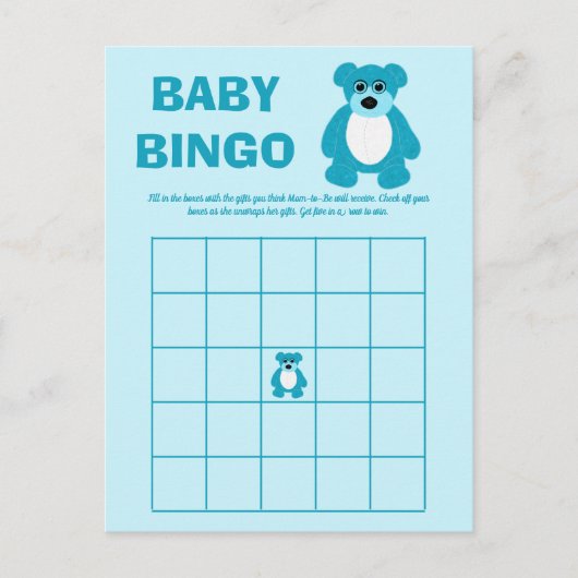 Blue Teddy Bear Baby Dusche Bingo Spielkarten Ankündigungspostkarte (Vorderseite)