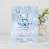 Blue Teddy Bear Baby Dusche Einladung (Stehend Vorderseite)