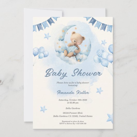 Blue Teddy Bear Baby Dusche Einladung (Vorderseite)