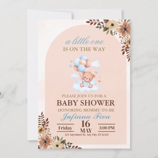 Blue Teddy Bear Baby Dusche Einladung (Vorderseite)