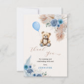 Blue Teddy Bear Baby Dusche Florals Pampas Grass Dankeskarte (Vorderseite)