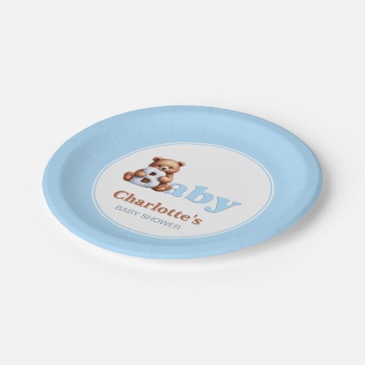 Blue Teddy Bear Baby Dusche Pappteller (Schrägansicht)