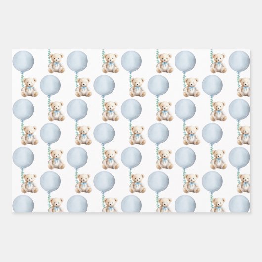 Blue Teddy Bear Baby Dusche Umhüllungsblätter Geschenkpapier Set (Vorderseite)