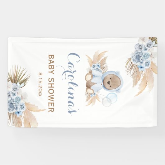 Blue Teddy Bear Baby Dusche Vinyl Banner (Horizontal)