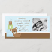 Blue Teddy Bear Baby Foto Geburtsankündigung Ankündigung (Vorne/Hinten)