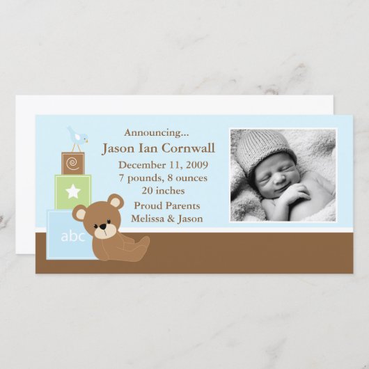 Blue Teddy Bear Baby Foto Geburtsankündigung Ankündigung (Vorne/Hinten)