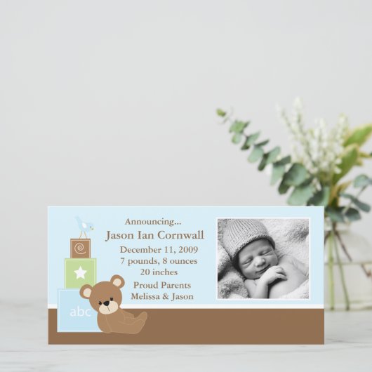 Blue Teddy Bear Baby Foto Geburtsankündigung Ankündigung (Stehend Vorderseite)