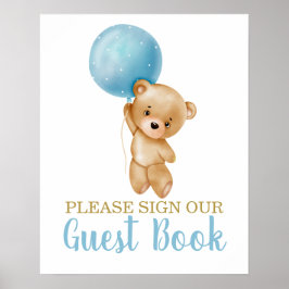 Blue Teddy Bear Baby Shooter Boy Sign Guest Book Poster