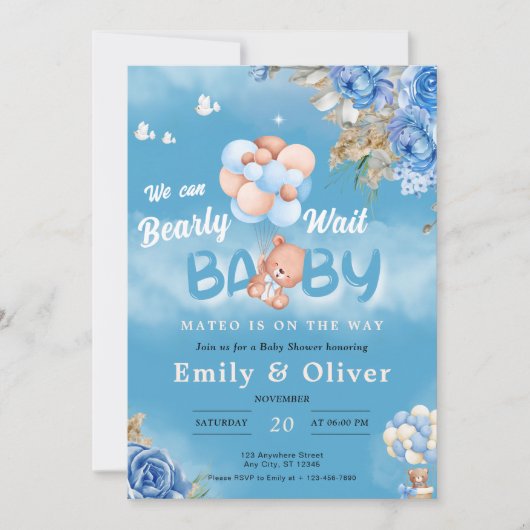 Blue Teddy Bear Baby Shower Einladung abwarten (Vorderseite)