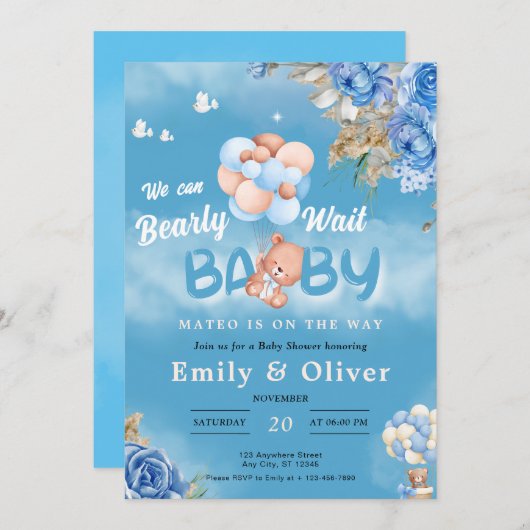 Blue Teddy Bear Baby Shower Einladung abwarten (Vorne/Hinten)