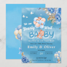 Blue Teddy Bear Baby Shower Einladung abwarten