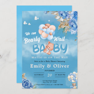 Blue Teddy Bear Baby Shower Einladung abwarten