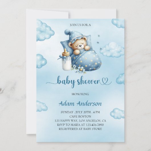 Blue Teddy Bear Baby Shower Einladung für Junge (Vorderseite)