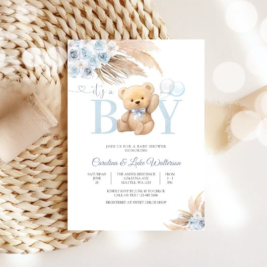 Blue Teddy Bear Baby Shower Invitation Einladung