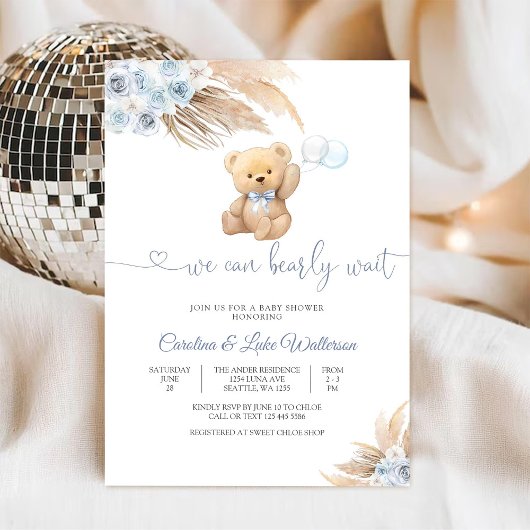 Blue Teddy Bear Baby Shower Invitation Einladung