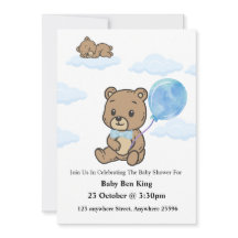 Blue Teddy Bear Baby Shower Invitation