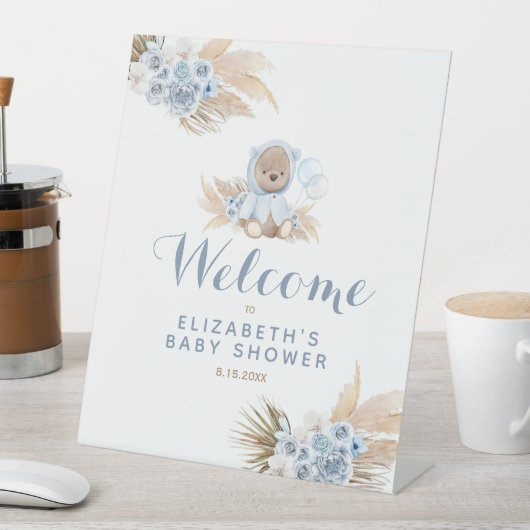 Blue Teddy Bear Baby Shower Pedestal Begrüßungszei Sockelschild (In Situ)