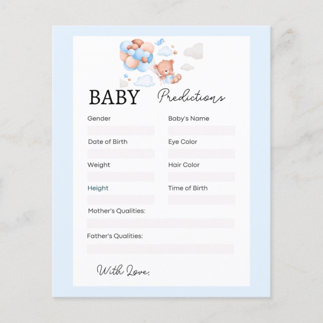 Blue Teddy Bear Baby Shower Predictions Card (Vorderseite)