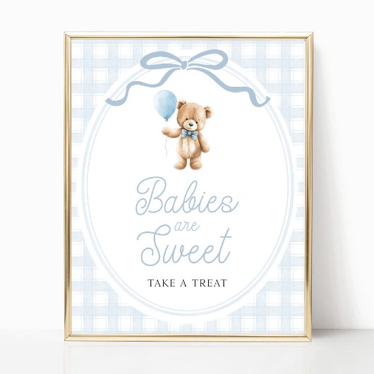 Blue Teddy Bear Baby Shower Sweets Table Sign Poster