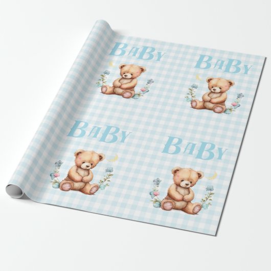 Blue Teddy Bear Baby Typografie Baby Showroom Geschenkpapier (Ungerollt)