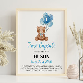 Blue Teddy Bear Ballon Birthday Time Kapsel Zeiche Poster