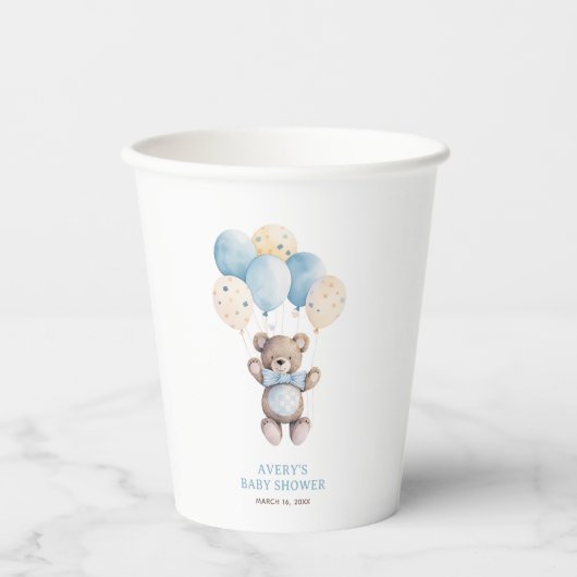 Blue Teddy Bear Balloon Babydusche Pappbecher (Vorderseite)