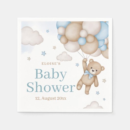 Blue Teddy Bear Balloon Bearly Wait Baby Shower Serviette (Vorderseite)