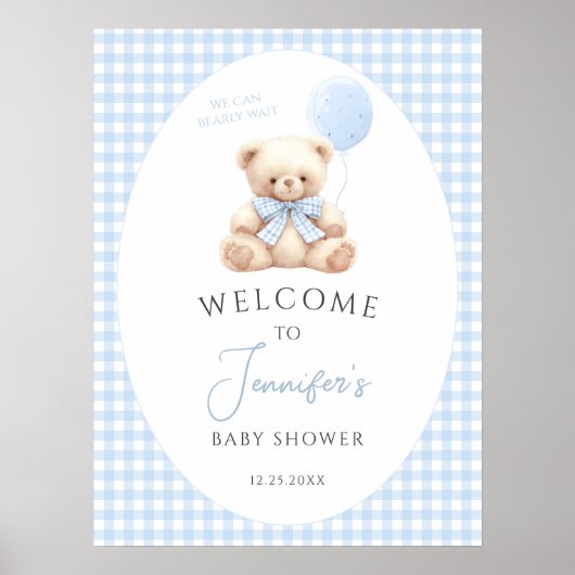 Blue Teddy Bear Balloon Bow Baby Dusche Willkommen Poster (Vorne)