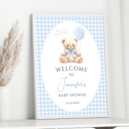 Blue Teddy Bear Balloon Bow Baby Dusche Willkommen Poster