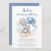 Blue Teddy Bear Balloon Niedlich Boy Baby Dusche Einladung (Vorne/Hinten)