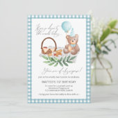 Blue Teddy Bear Balloon Picnic 1. Geburtstag Einladung (Stehend Vorderseite)