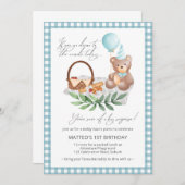 Blue Teddy Bear Balloon Picnic 1. Geburtstag Einladung (Vorne/Hinten)