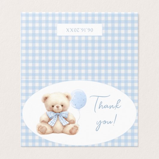 Blue Teddy Bear Bow Baby Dusche Danke Karten (Außenseite Aufgefaltet)