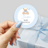 Blue Teddy Bear Bow Balloon Baby Boy Dusche Runder Aufkleber