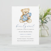 Blue Teddy Bear Boy Baby Dusche Einladung (Stehend Vorderseite)