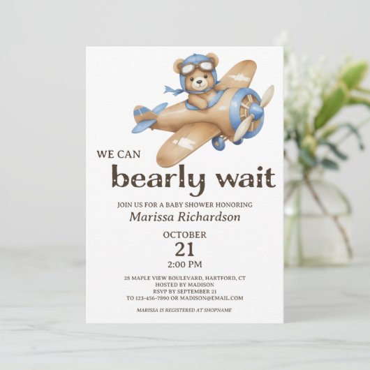 Blue Teddy Bear Boy Baby Dusche Einladung (Stehend Vorderseite)