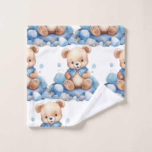 Blue Teddy Bear Boy's Bath Towel Set (Waschlappen)