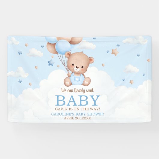 Blue Teddy Bear Clouds Balloon Babydusche Banner (Horizontal)