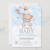 Blue Teddy Bear Clouds Balloon Babydusche Einladung (Vorderseite)