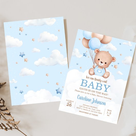 Blue Teddy Bear Clouds Balloon Babydusche Einladung
